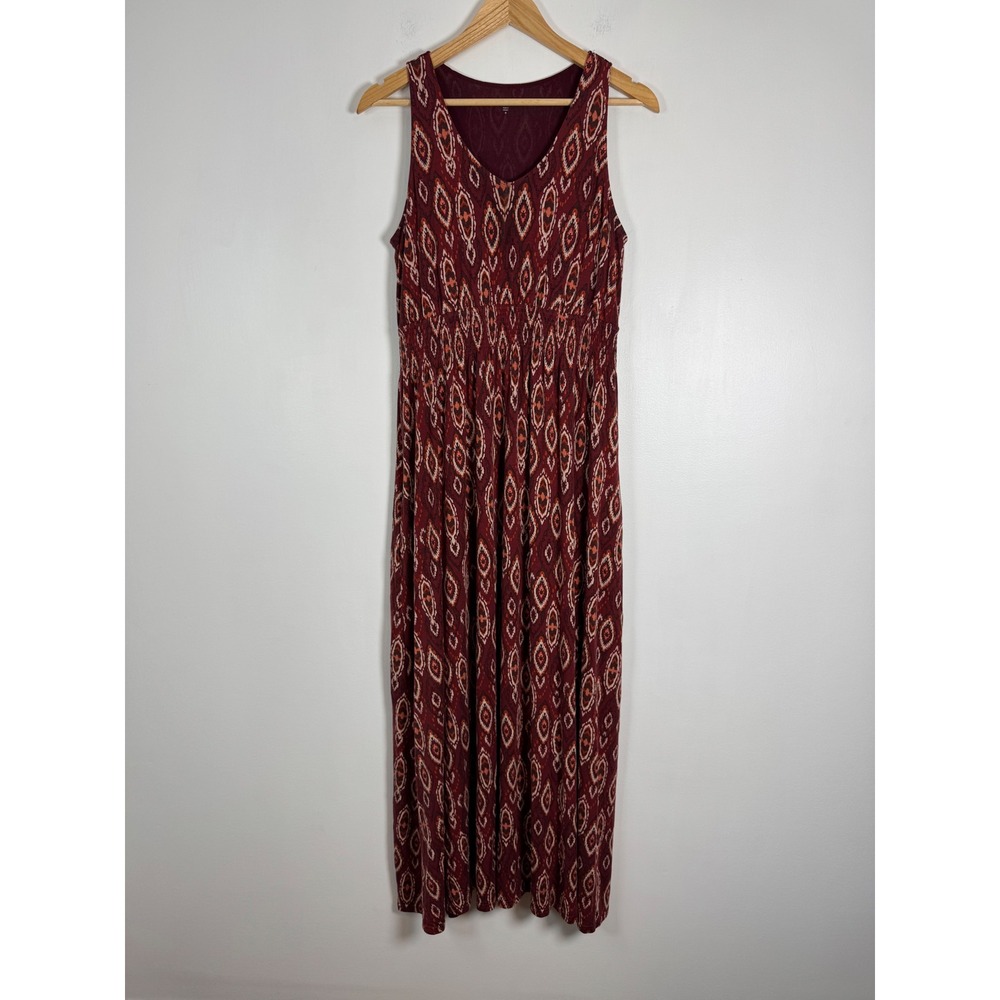 Garnet Hill Womens M Maxi Dress Burgundy Ikat Smocked Tencel Lyocell Sleeveless